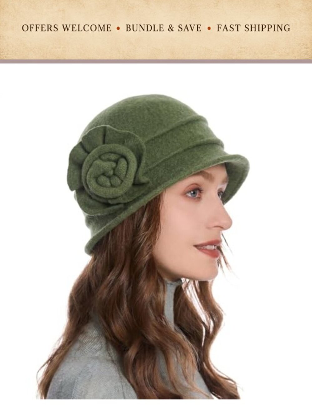 Wool Blend Cloche Bucket Hat with Flower Accent Vintage Winter